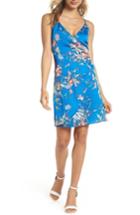 Women's Nsr Floral Print Satin Faux Wrap Dress - Blue