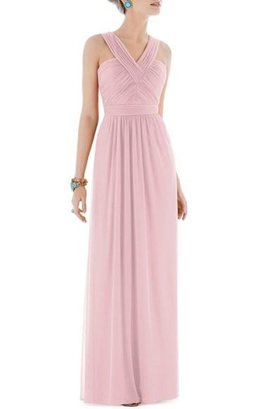 Women's Alfred Sung Shirred Chiffon V-neck Gown - Pink