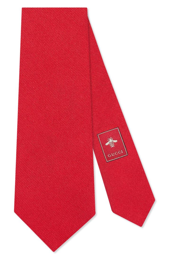 Men's Gucci Tiger Embroidered Silk Tie, Size - Red
