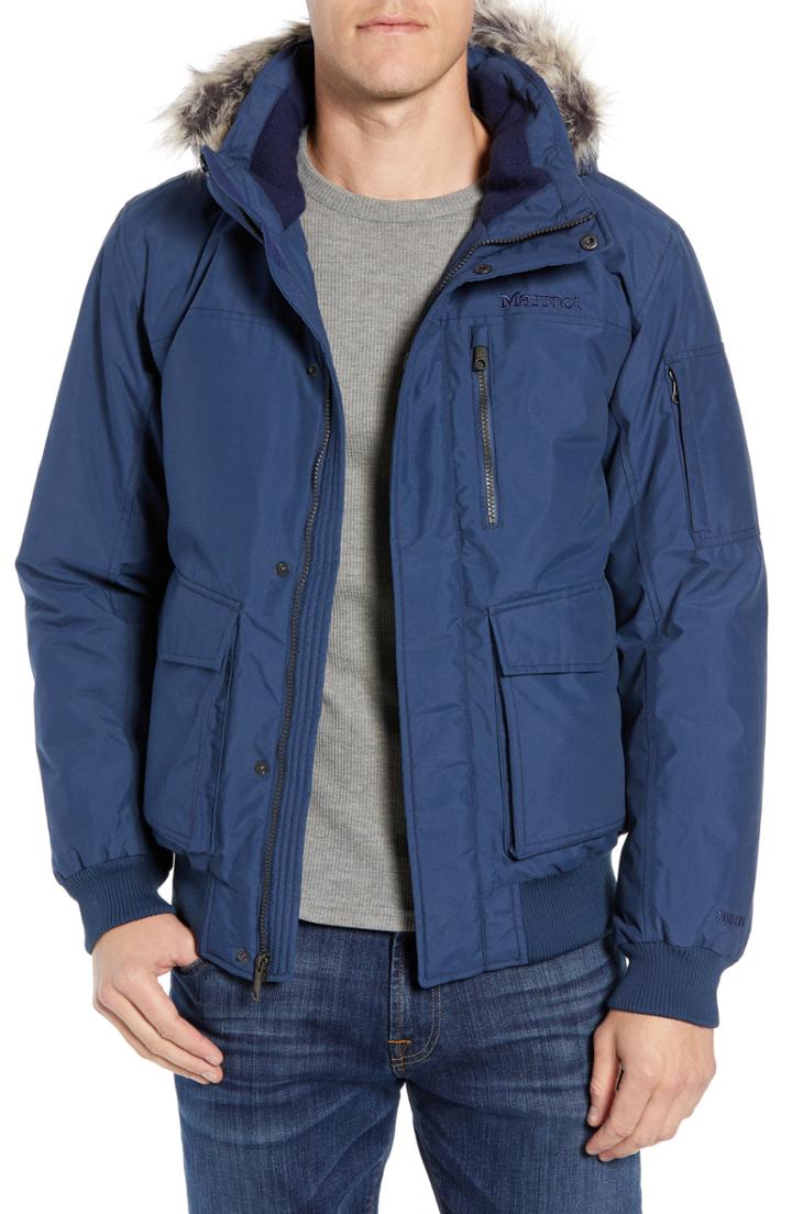 Men's Marmot Stonehaven Waterproof 700 Fill Power Down Jacket With Faux Fur Trim - Blue