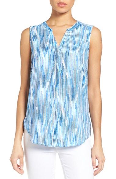 Women's Nydj Print Pleat Back Sleeveless Split Neck Blouse - Blue
