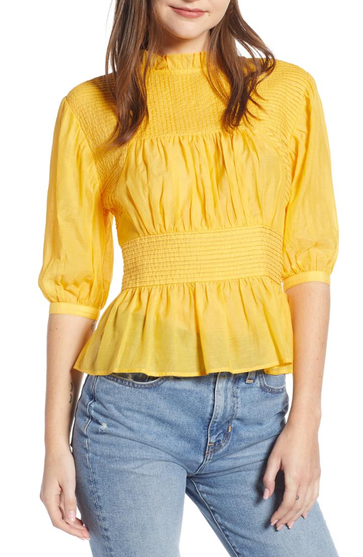 Women's Something Navy Pleated Peplum Top, Size - Yellow