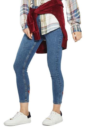 Petite Women's Topshop Moto Jamie Embroidered Hem Skinny Jeans
