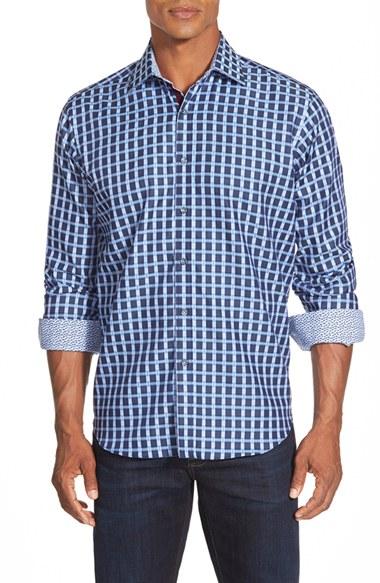 Men's Bugatchi Classic Fit Check Sport Shirt - Blue