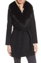 Women's Sofia Cashmere Genuine Fox Fur Lapel Wrap Coat - Black