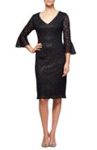 Petite Women's Alex Evenings Metallic Lace Bell Sleeve Dress P - Blue