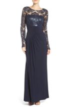 Petite Women's Eliza J Draped Long Sleeve Gown P - Blue