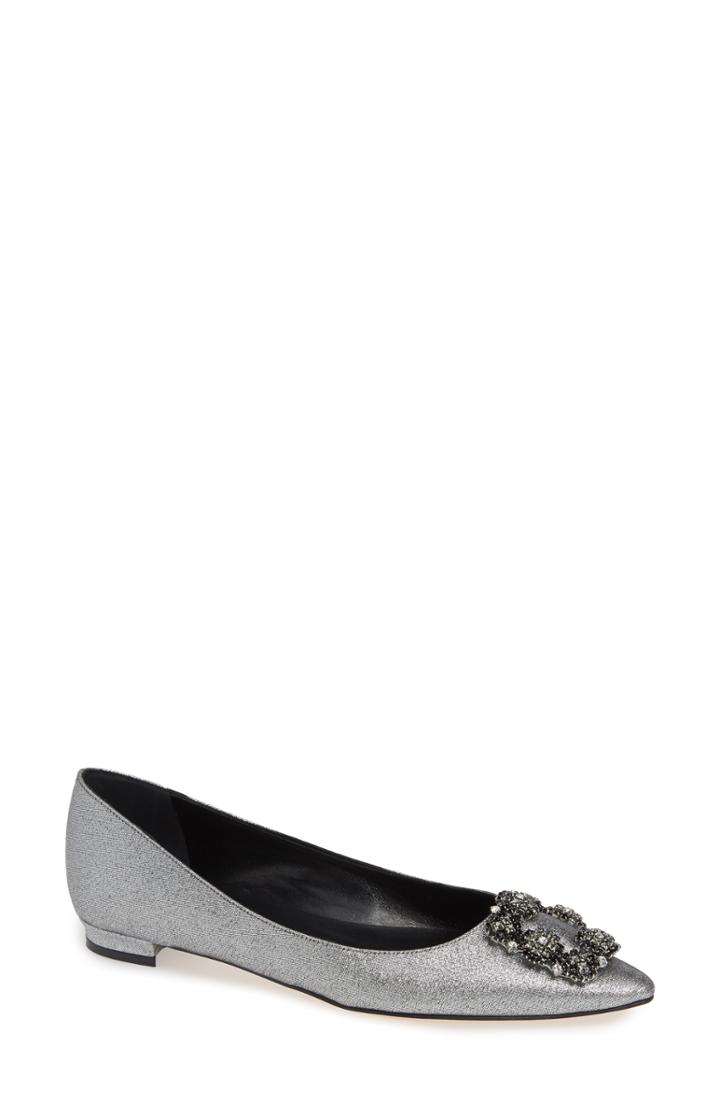 Women's Manolo Blahnik 'hangisi' Jeweled Pointy Toe Flat .5us / 35.5eu - Metallic