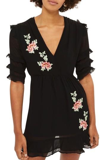 Women's Topshop Embroidered Ruffle Detail Dress Us (fits Like 0) - Black