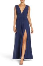Women's Lulus Plunging V-neck Chiffon Gown - Blue