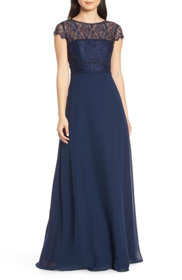 Women's Hayley Paige Occasions Lace Bodice Chiffon Evening Dress - Blue