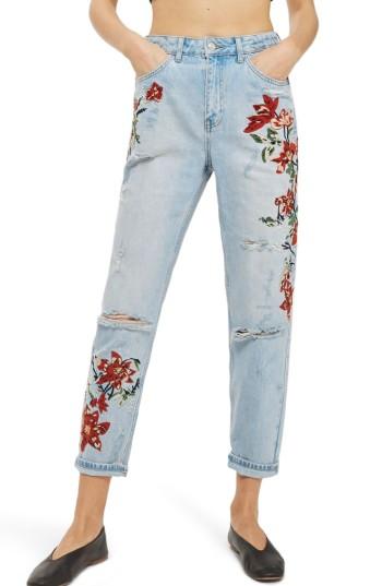 Petite Women's Topshop Fire Flower High Rise Ripped Mom Jeans