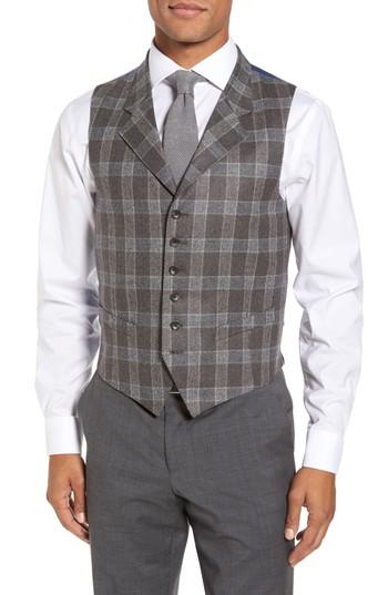 Men's Strong Suit Stag Trim Fit Plaid Wool Vest R - Grey