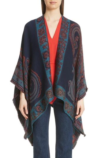 Women's Etro Geo & Floral Wool Blend Jacquard Cape, Size - Blue