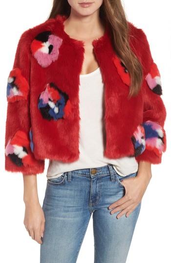 Women's Heurueh Sharon Flower Faux Fur Jacket, Size - Red