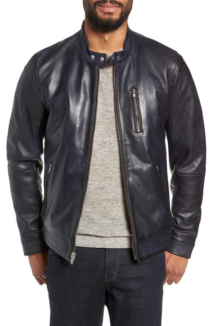 Men's Lamarque Leather Racer Jacket, Size - Blue