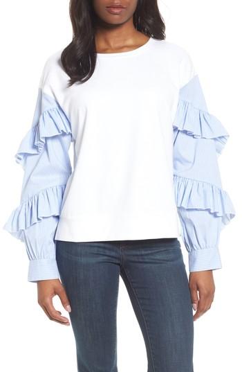 Petite Women's Halogen Poplin Ruffle Sleeve Sweatshirt, Size P - White