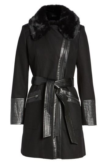 Women's Via Spiga Faux Leather & Faux Fur Trim Belted Wool Blend Coat - Black