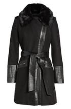 Women's Via Spiga Faux Leather & Faux Fur Trim Belted Wool Blend Coat - Black