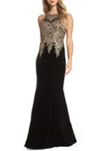 Women's Xscape Gold Embroidered Velvet Gown - Black