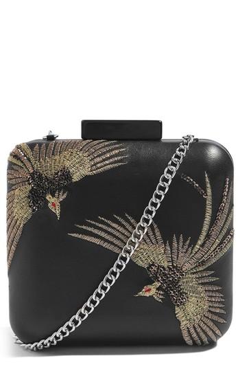 Topshop Embroidered Bird Boxy Leather Crossbody Bag - Black