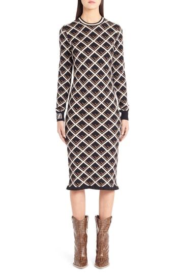 Women's Fendi Logo Pattern Midi Dress Us / 40 It - Black
