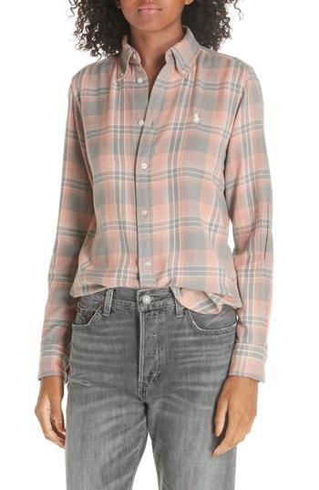 Women's Polo Ralph Lauren Logo Plaid Shirt - Pink