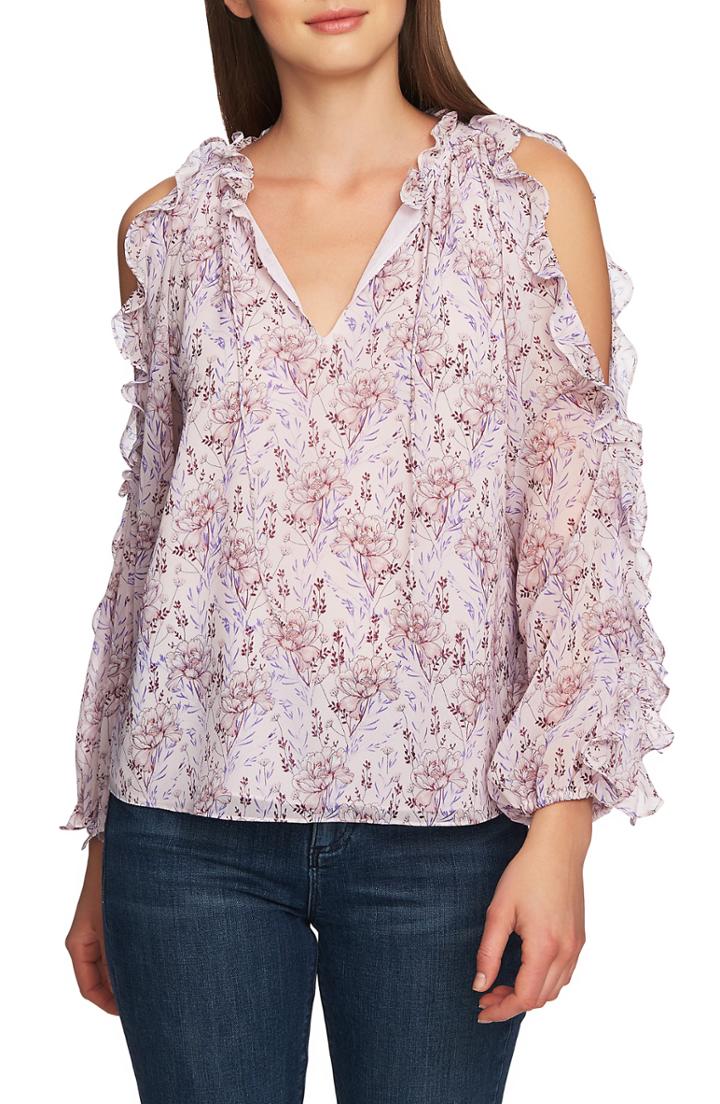 Women's 1.state Bloomsbury Floral Ruffle Cold Shoulder Top, Size - Pink