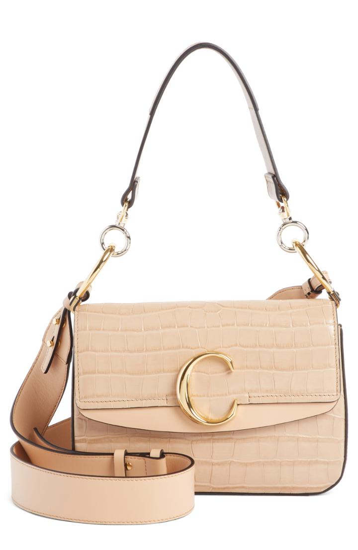 Chloe Croc Embossed Leather Shoulder Bag - Beige