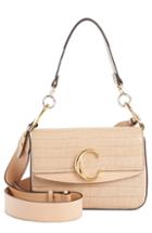Chloe Croc Embossed Leather Shoulder Bag - Beige