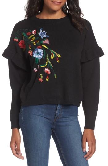 Women's Woven Heart Girls Ruffle Sleeve Embroidered Sweater - Black