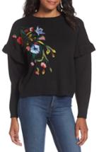 Women's Woven Heart Girls Ruffle Sleeve Embroidered Sweater - Black