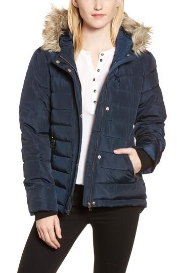 Women's Dorothy Perkins Faux Fur Trim Hooded Puffer Jacket Us / 8 Uk - Blue