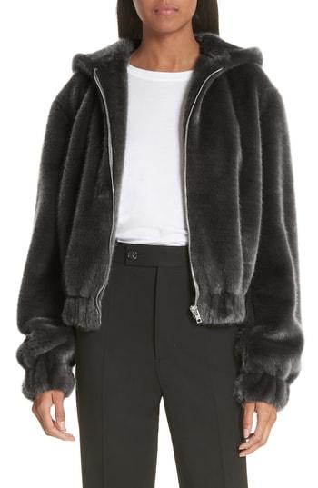 Women's Helmut Lang Faux Fur Hooded Bomber Jacket - Black