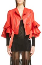 Women's Alexander Mcqueen Leather Ruffle Moto Jacket Us / 40 It - Red