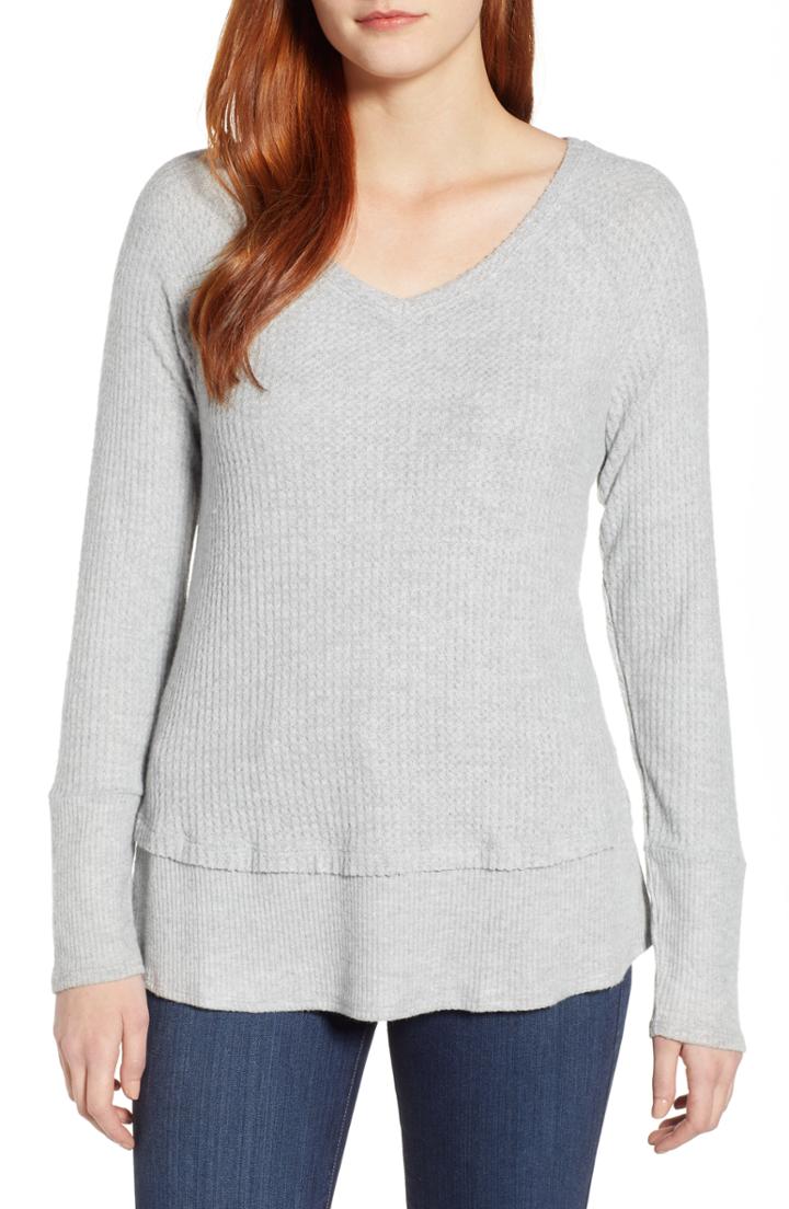 Women's Caslon Cozy V-neck Waffle Knit Tee - Grey