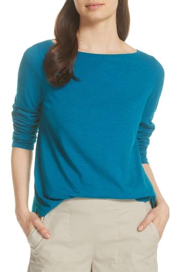 Women's Eileen Fisher Bateau Neck Organic Cotton Tee, Size - Blue