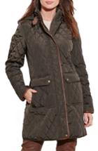 Petite Women's Lauren Ralph Lauren Diamond Quilted Coat With Faux Leather Trim P - Green