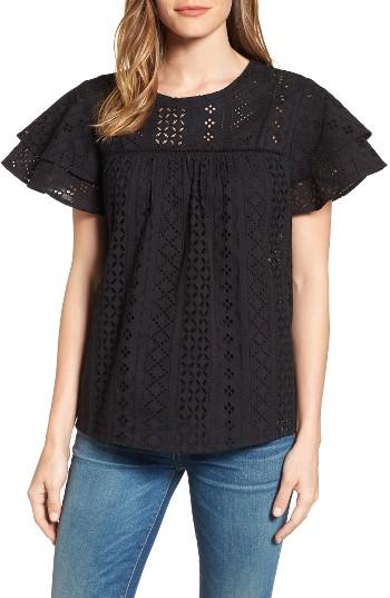 Women's Pleione Flutter Sleeve Eyelet Cotton Top - Black