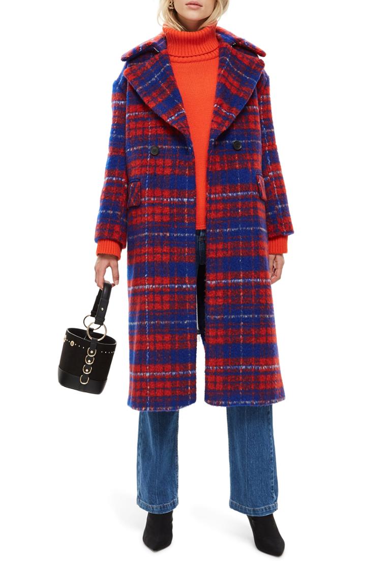 Women's Topshop Bodika Check Coat Us (fits Like 6-8) - Red