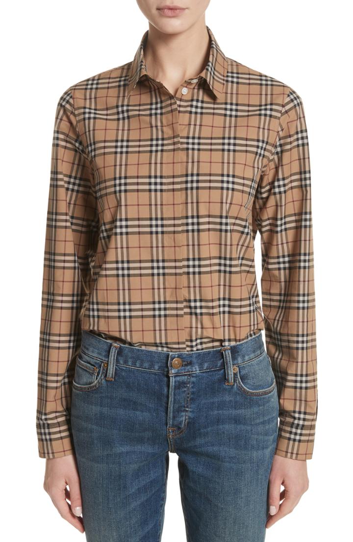 Women's Burberry Vintage Check Cotton Shirt, Size - Brown