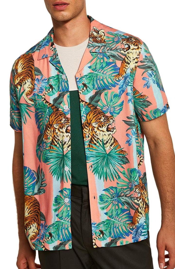 Men's Topman Tiger Print Shirt - Pink