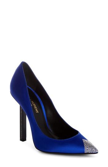 Women's Saint Laurent Tower Crystal Pointy Toe Pump .5us / 38.5eu - Blue