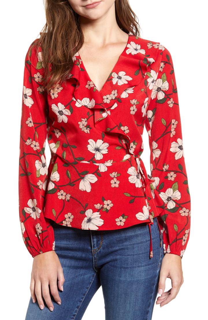 Women's Lydelle Floral Ruffle Wrap Top, Size - Red