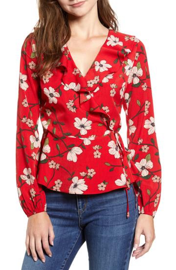 Women's Lydelle Floral Ruffle Wrap Top, Size - Red