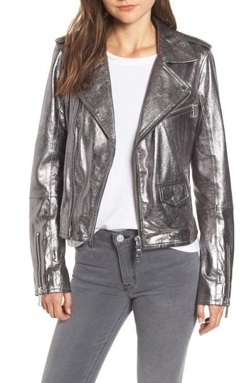 Women's Hudson Jeans Classic Metallic Lambskin Leather Moto Jacket