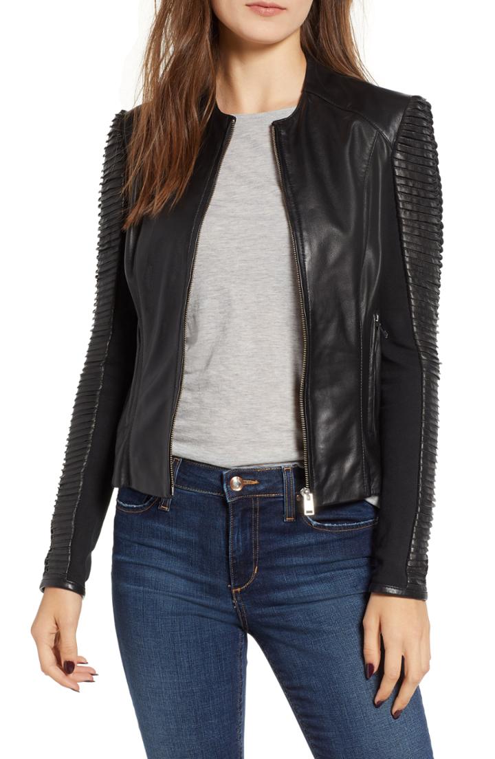 Women's Lamarque Collarless Pleated Sleeve Leather Jacket