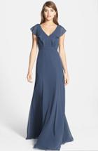 Women's Jenny Yoo 'cecilia' Ruffled V-neck Chiffon Long Dress - Blue (online Only)