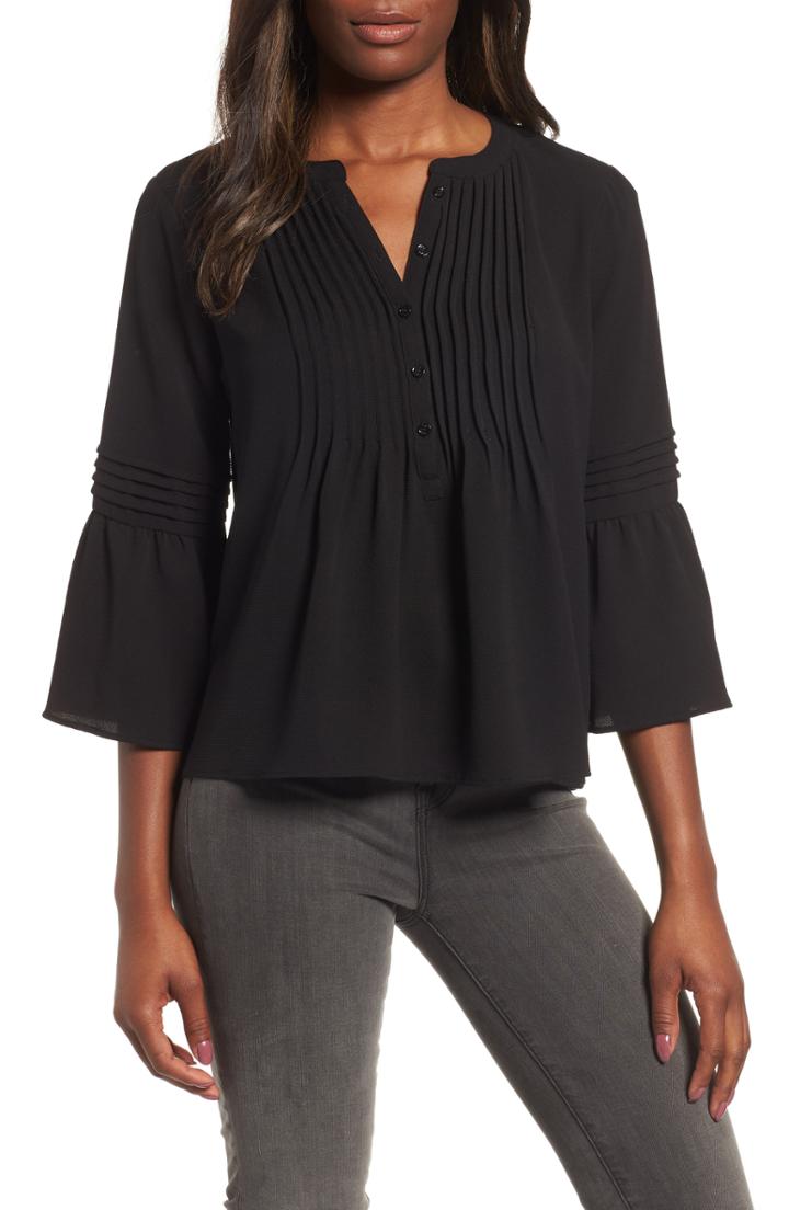 Women's Cece Ruffle Sleeve Pintuck Blouse, Size - Black