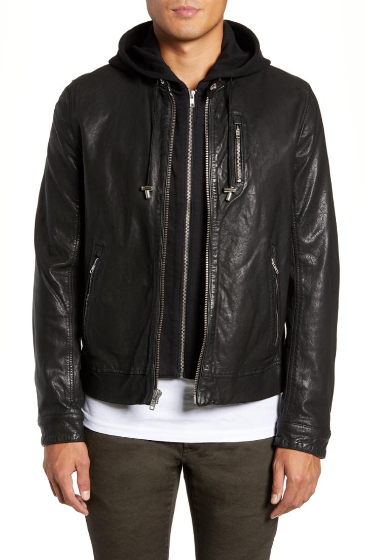 Men's Lamarque Washed Leather Jacket With Hoodie Insert - Black